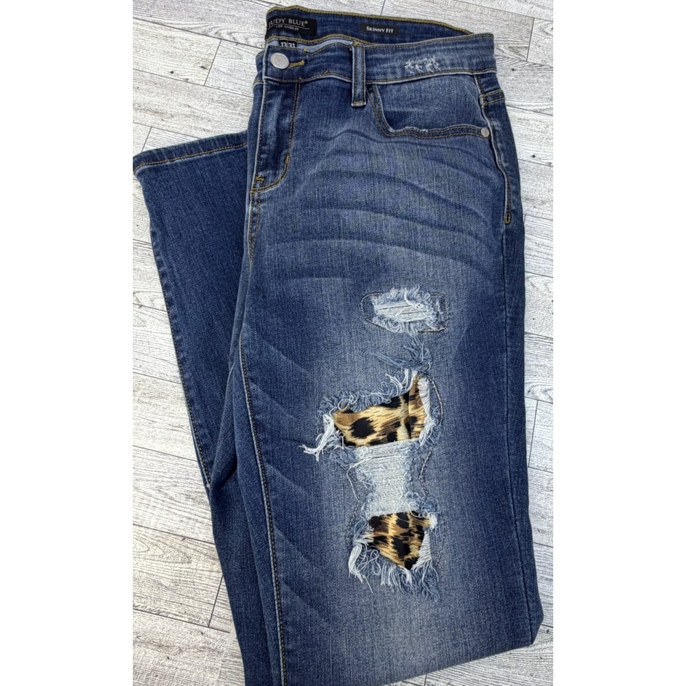 Womens Judy Blue Midrise Denim Jeans Animal Cheetah Print Skinny Fit Size 13/31